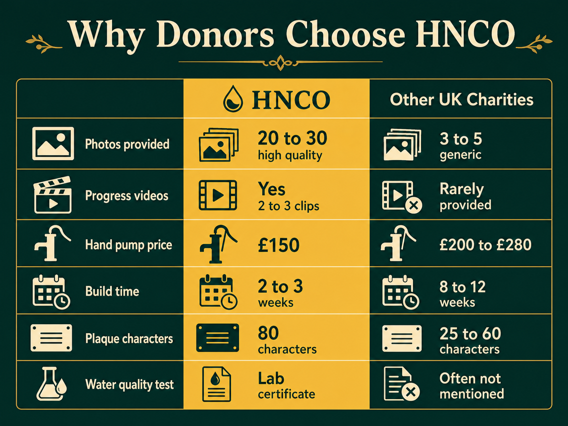 Why donors choose HNCO — 20-30 photos, progress videos, £150 hand pump, 2-3 week build, 80-character plaque, lab water certificate