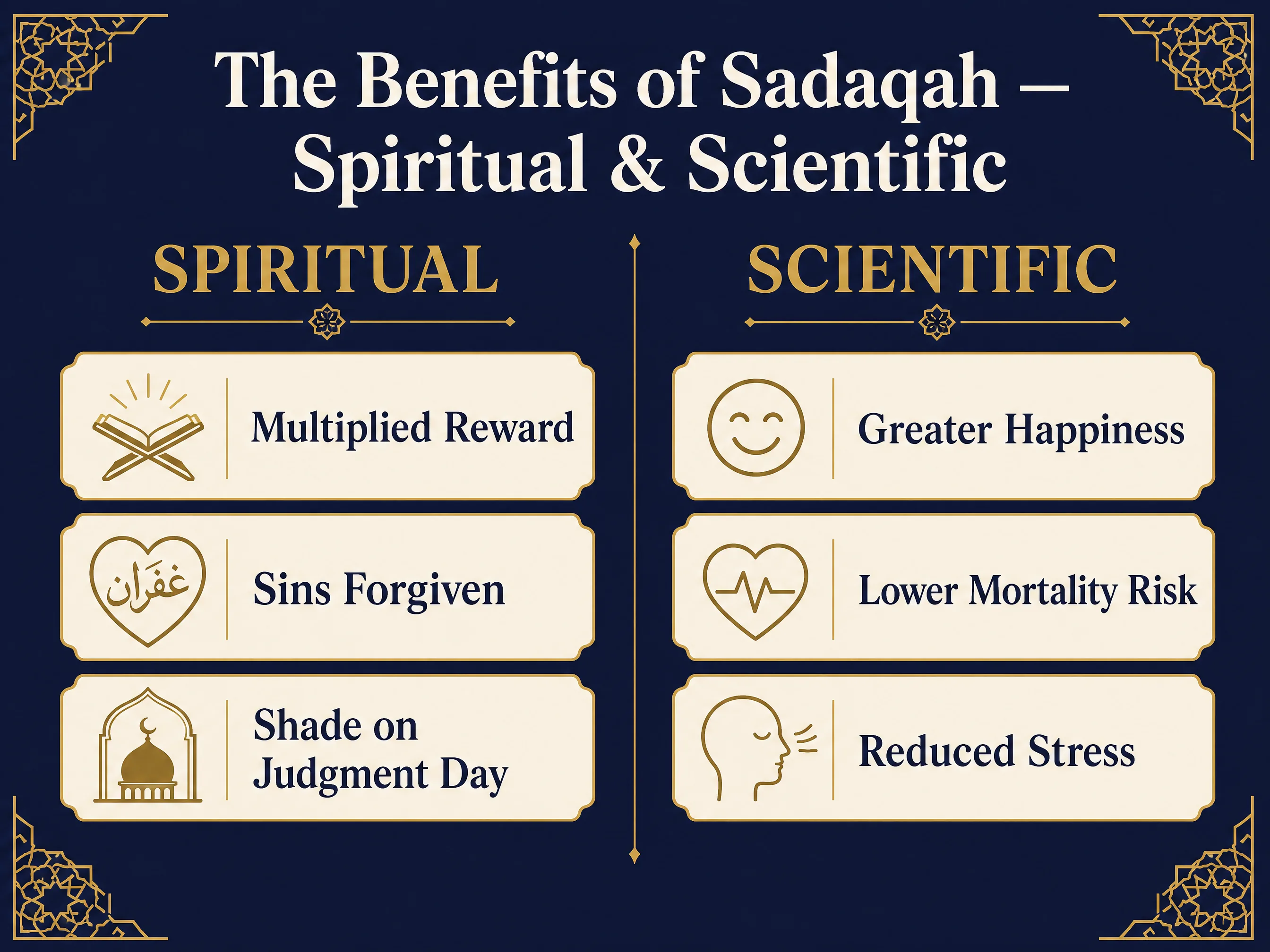 Two-column infographic comparing spiritual benefits of sadaqah — multiplied reward, sins forgiven, shade on judgment day — with scientific benefits — greater happiness, lower mortality risk, reduced stress