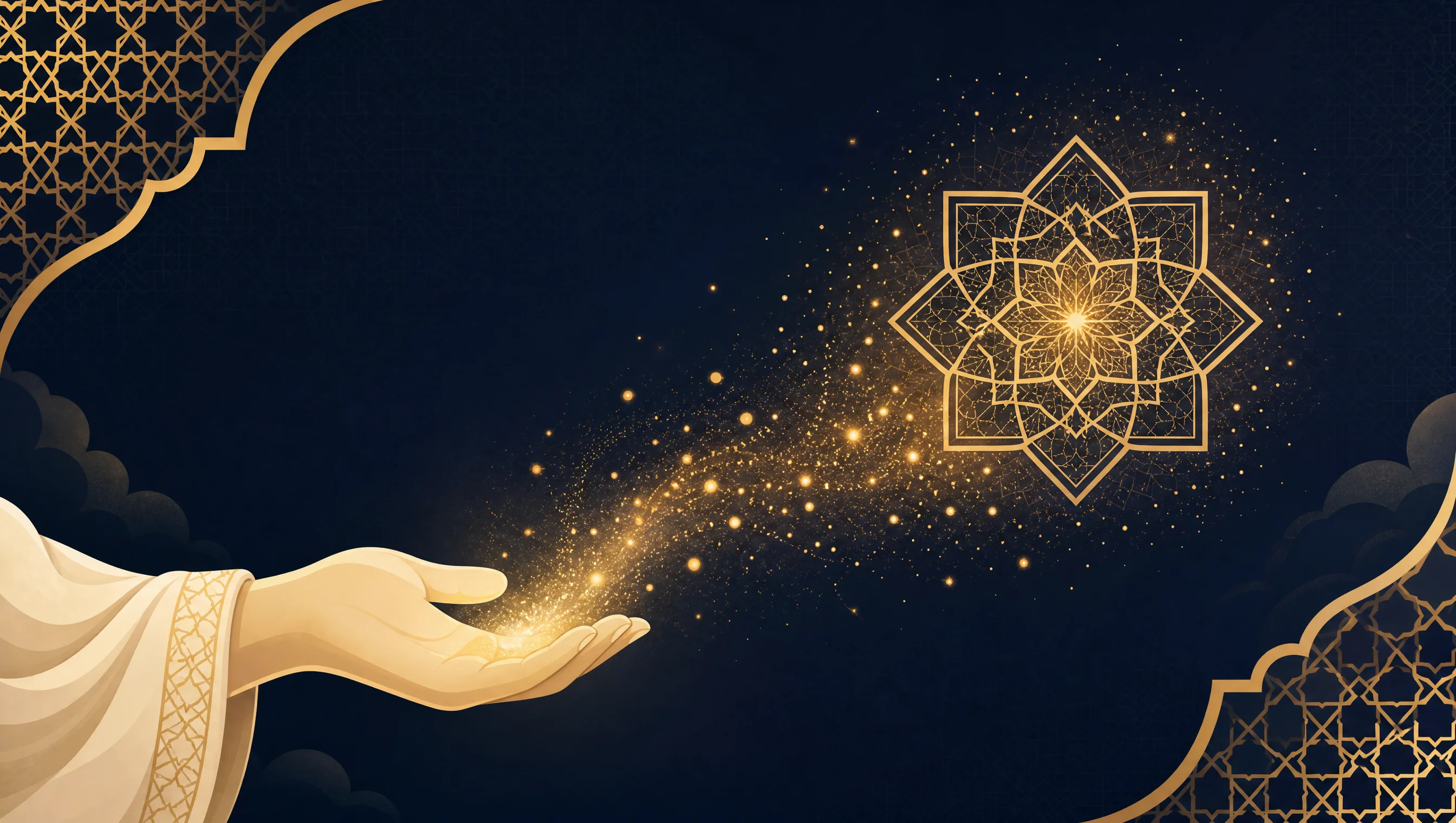 Editorial banner showing an open hand releasing golden light in a geometric star pattern, illustrating what is sadaqah, sadaqah guide 2026