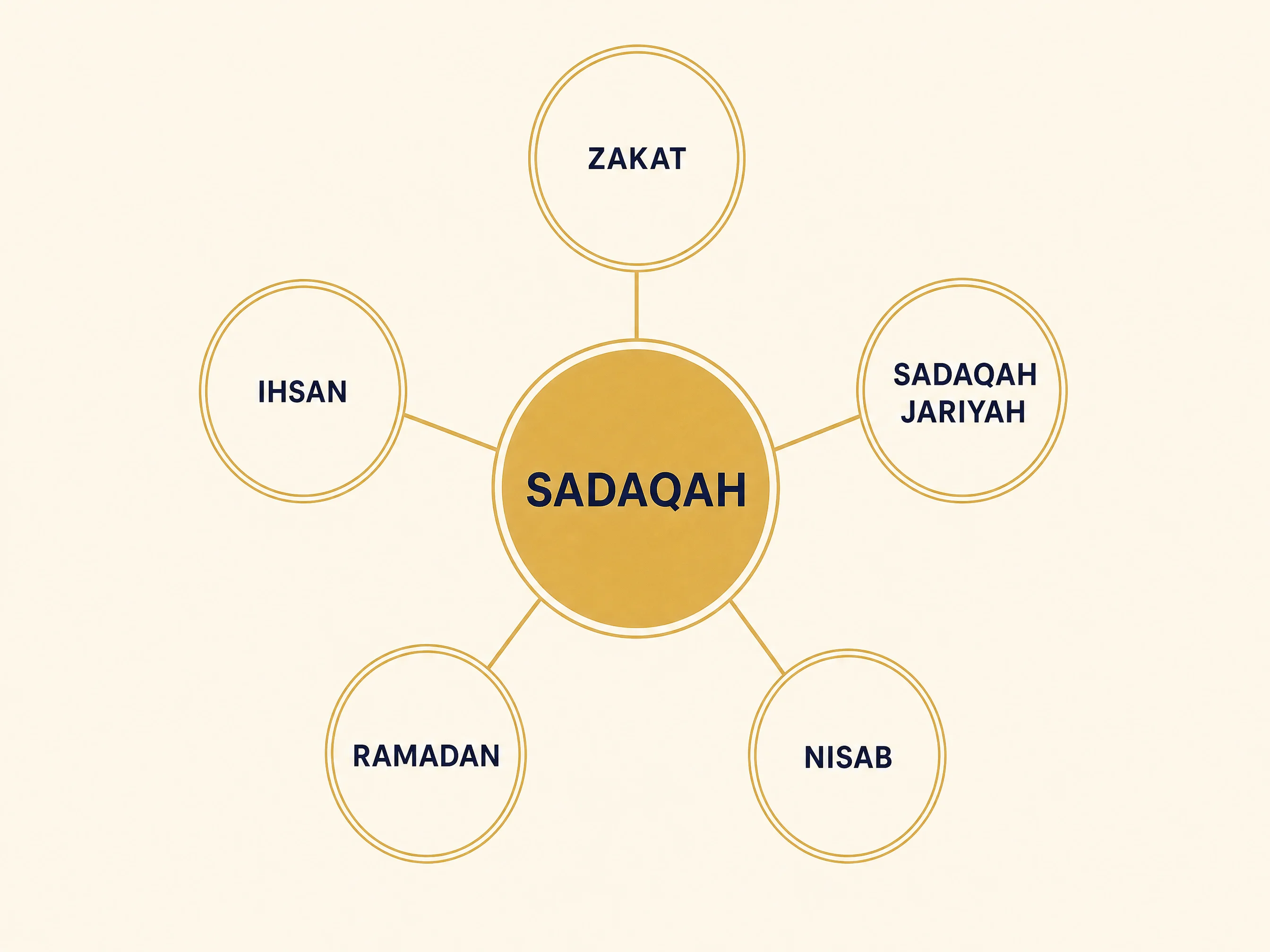 Concept map showing sadaqah at the centre, connected to five related terms: Zakat, Sadaqah Jariyah, Nisab, Ramadan, and Ihsan
