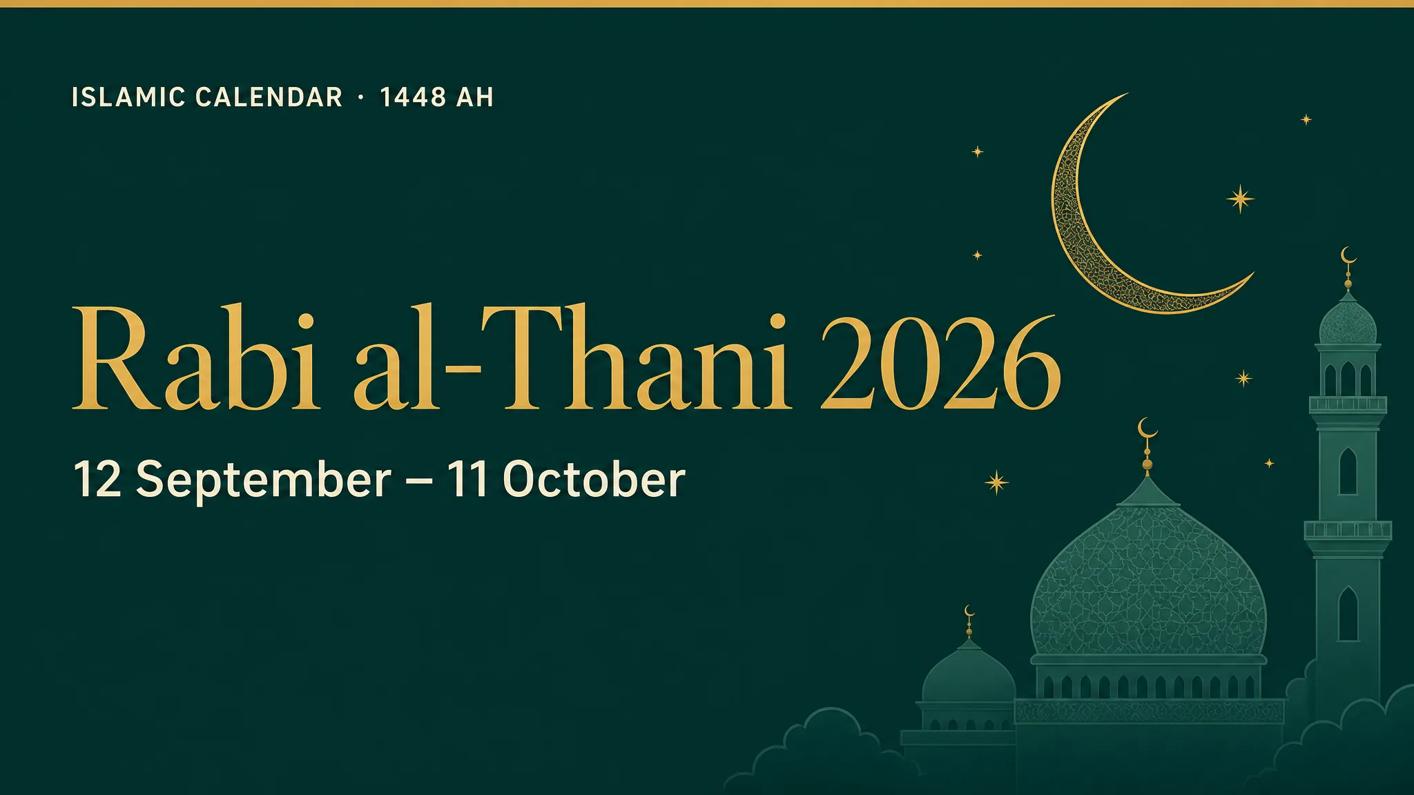 Rabi al-Thani 2026 hero banner — 12 September to 11 October, Islamic calendar 1448 AH, with crescent moon and mosque illustration