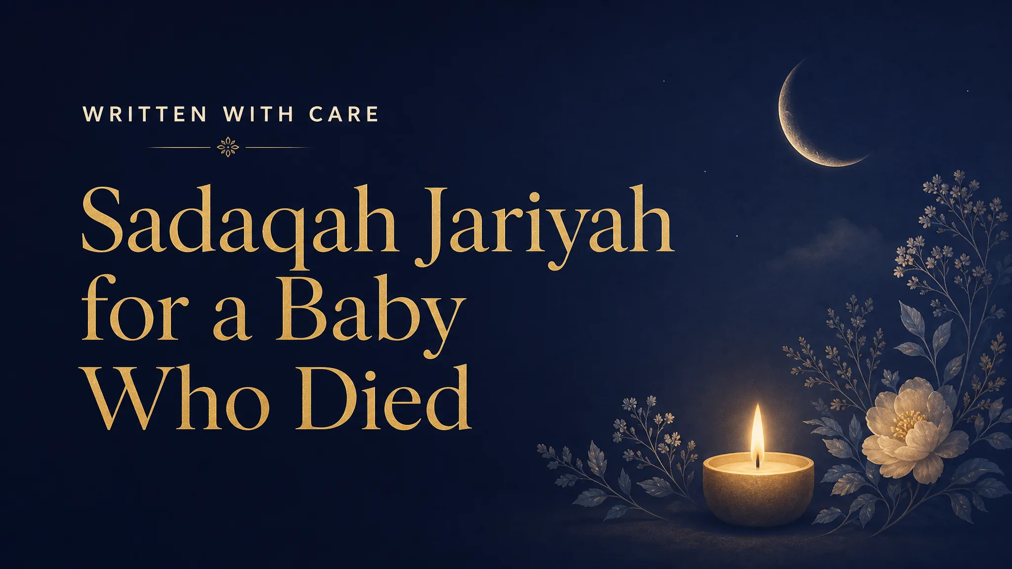 Soft candlelit editorial banner reading Sadaqah Jariyah for a Baby Who Died, written with care