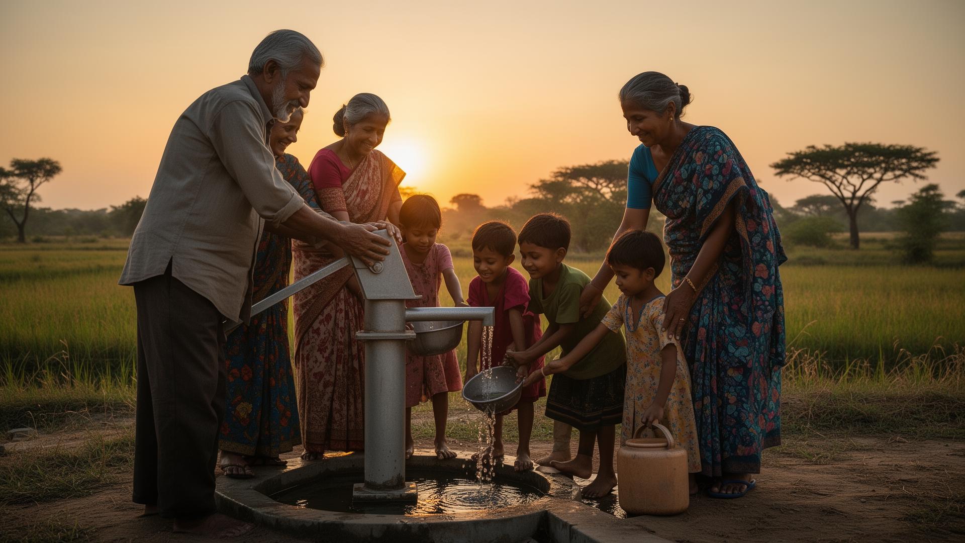 A multi-generational rural family at a hand pump at dusk