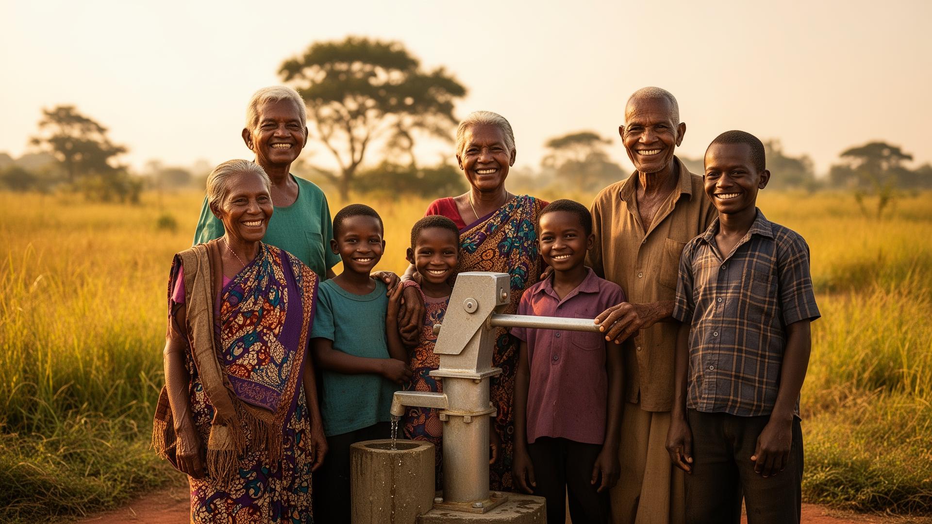 A multi-generational rural family at their HNCO hand water pump