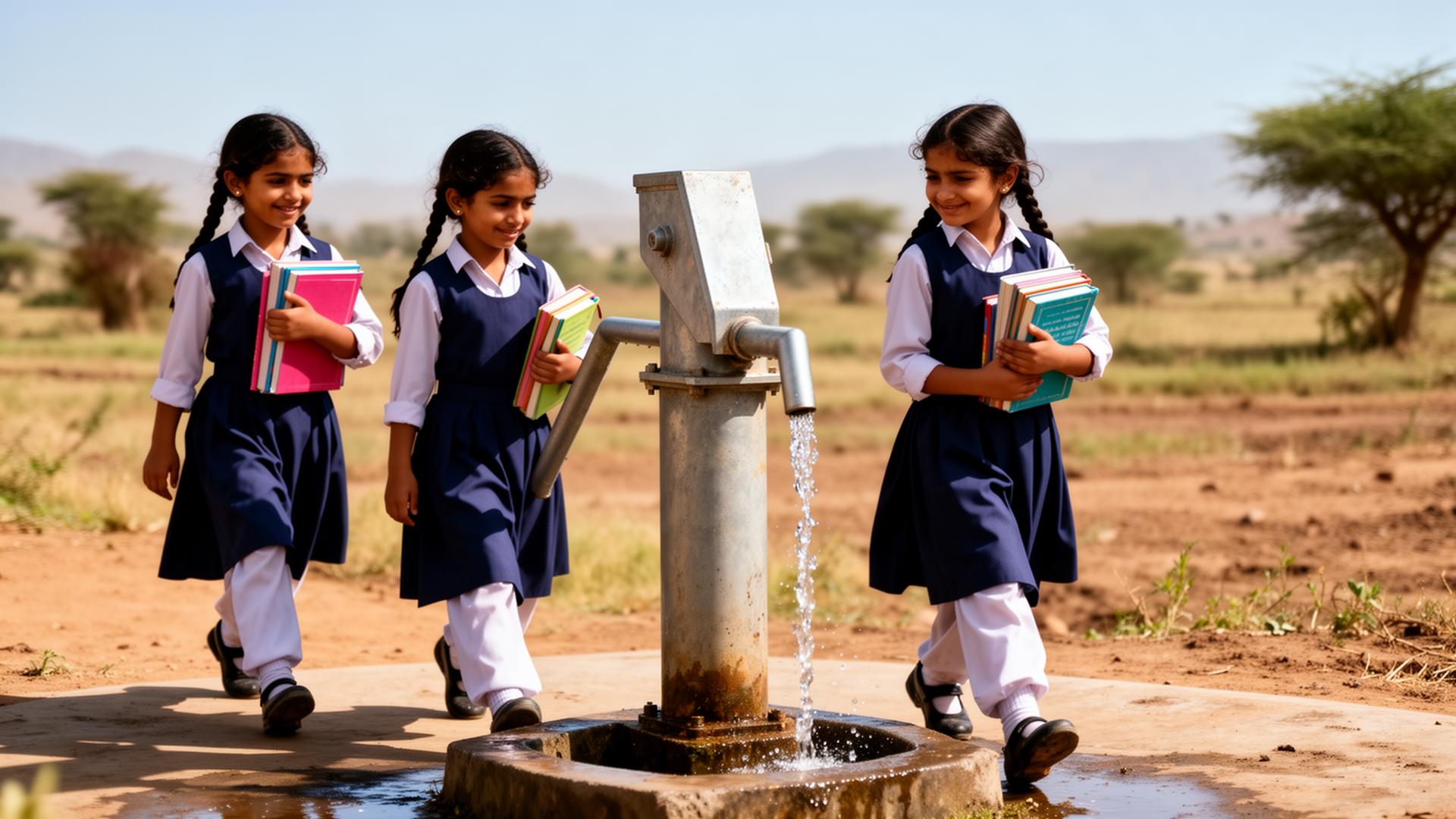 Girls walking to school past a water pump