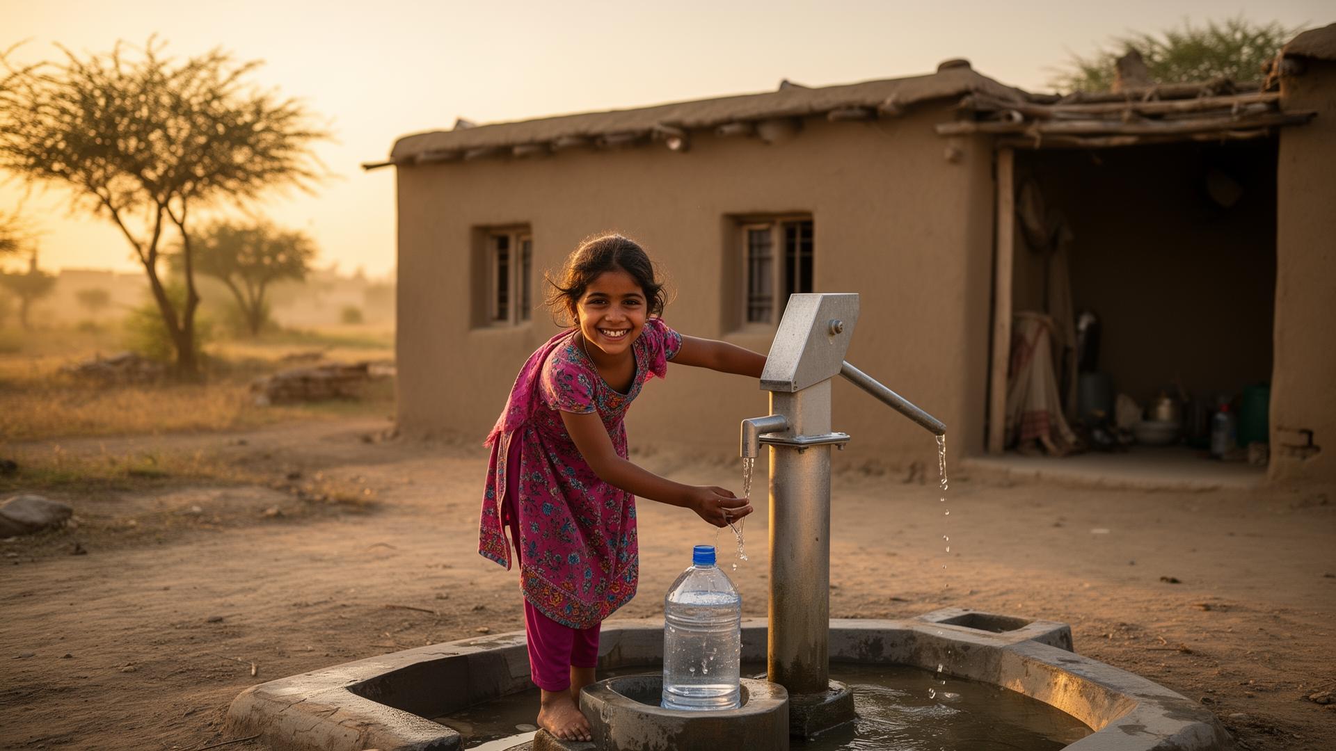 A young girl in rural Pakistan smiles while collecting clean water from a newly installed HNCO hand pump